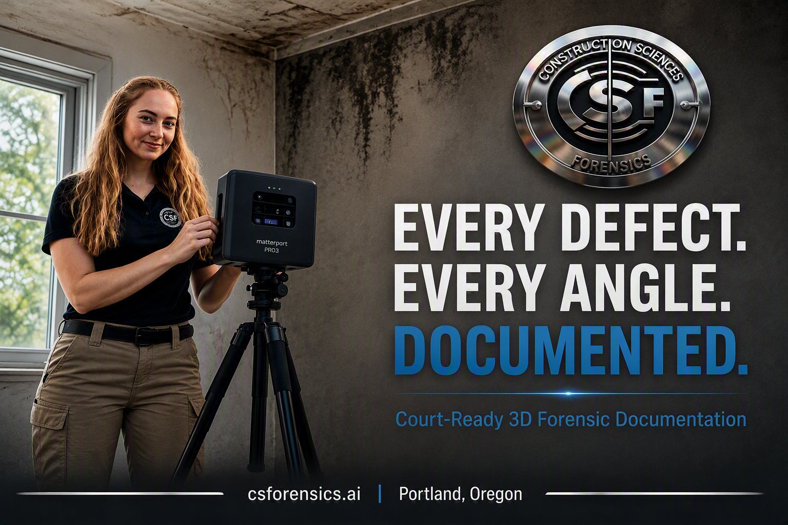 Every defect, every angle, documented — court-ready 3D forensic documentation.