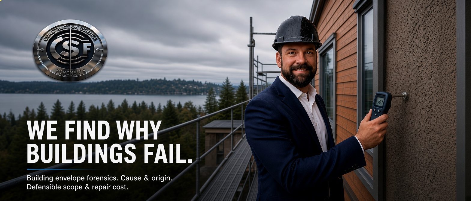 Nate MacIntyre of Construction Science Forensics taking a moisture reading on a stucco wall from scaffolding above a Pacific Northwest lake. Headline: We find why buildings fail. Building envelope forensics, cause and origin, defensible scope and repair cost.